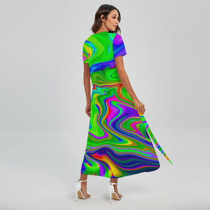 Green Abstract Liquid Trippy Print Short Sleeve Maxi Dress