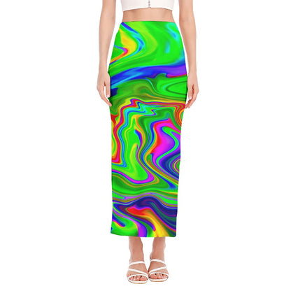 Green Abstract Liquid Trippy Print Side Slit Maxi Skirt