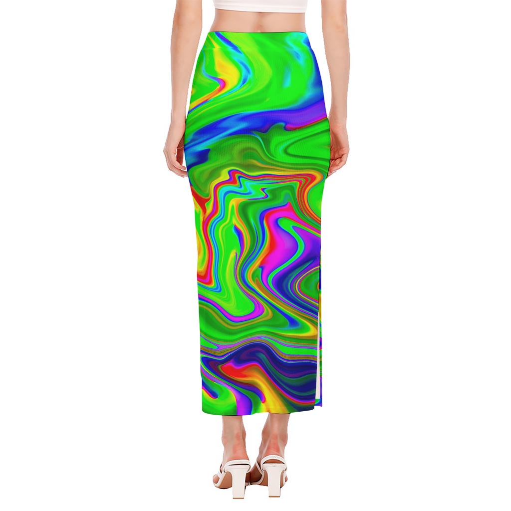 Green Abstract Liquid Trippy Print Side Slit Maxi Skirt