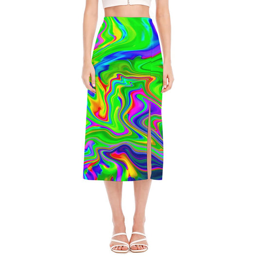 Green Abstract Liquid Trippy Print Side Slit Midi Skirt