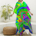 Green Abstract Liquid Trippy Print Silk V-Neck Kaftan Dress