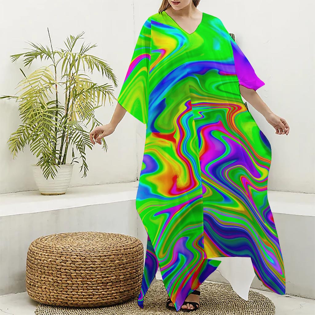 Green Abstract Liquid Trippy Print Silk V-Neck Kaftan Dress