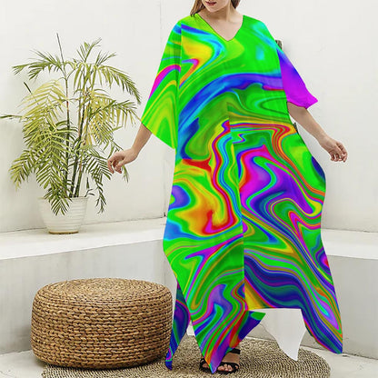 Green Abstract Liquid Trippy Print Silk V-Neck Kaftan Dress