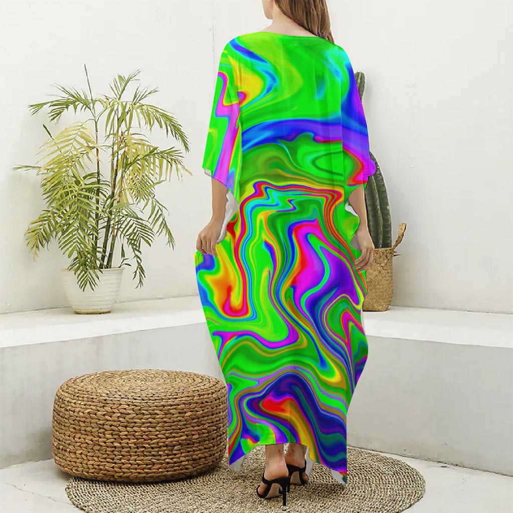 Green Abstract Liquid Trippy Print Silk V-Neck Kaftan Dress