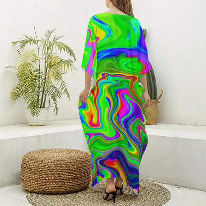 Green Abstract Liquid Trippy Print Silk V-Neck Kaftan Dress