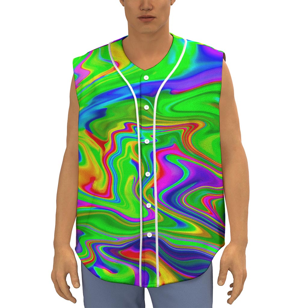 Green Abstract Liquid Trippy Print Sleeveless Baseball Jersey
