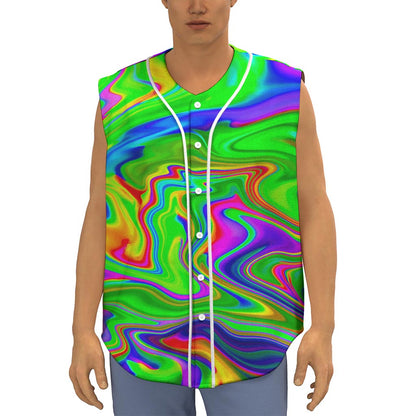 Green Abstract Liquid Trippy Print Sleeveless Baseball Jersey