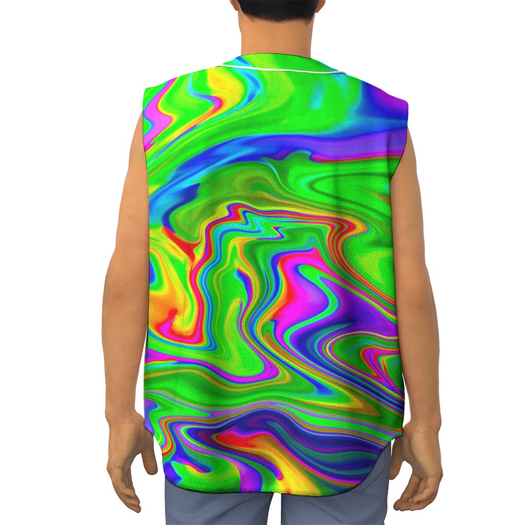 Green Abstract Liquid Trippy Print Sleeveless Baseball Jersey