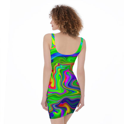 Green Abstract Liquid Trippy Print Sleeveless Bodycon Dress