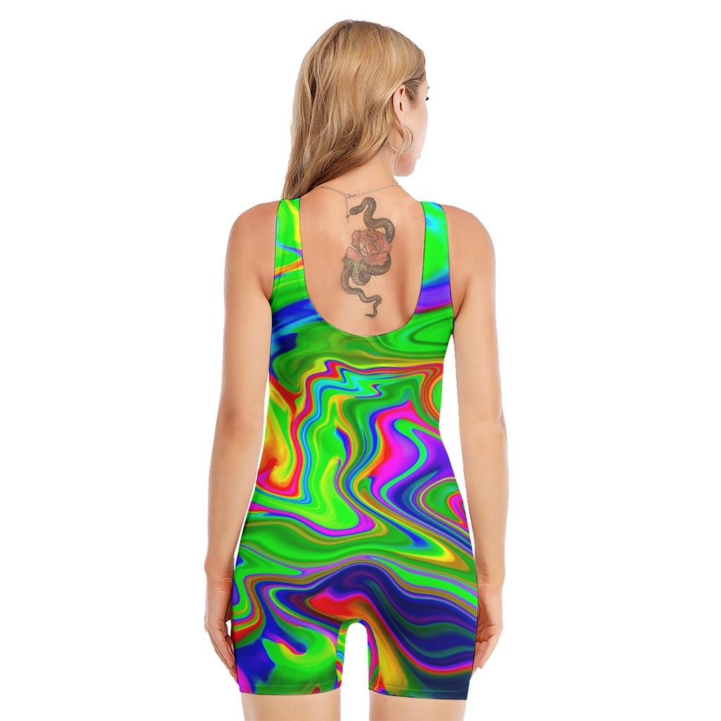 Green Abstract Liquid Trippy Print Sleeveless One Piece Swimsuit
