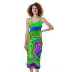 Green Abstract Liquid Trippy Print Slim Fit Midi Cami Dress