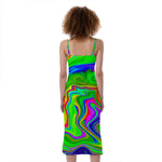 Green Abstract Liquid Trippy Print Slim Fit Midi Cami Dress