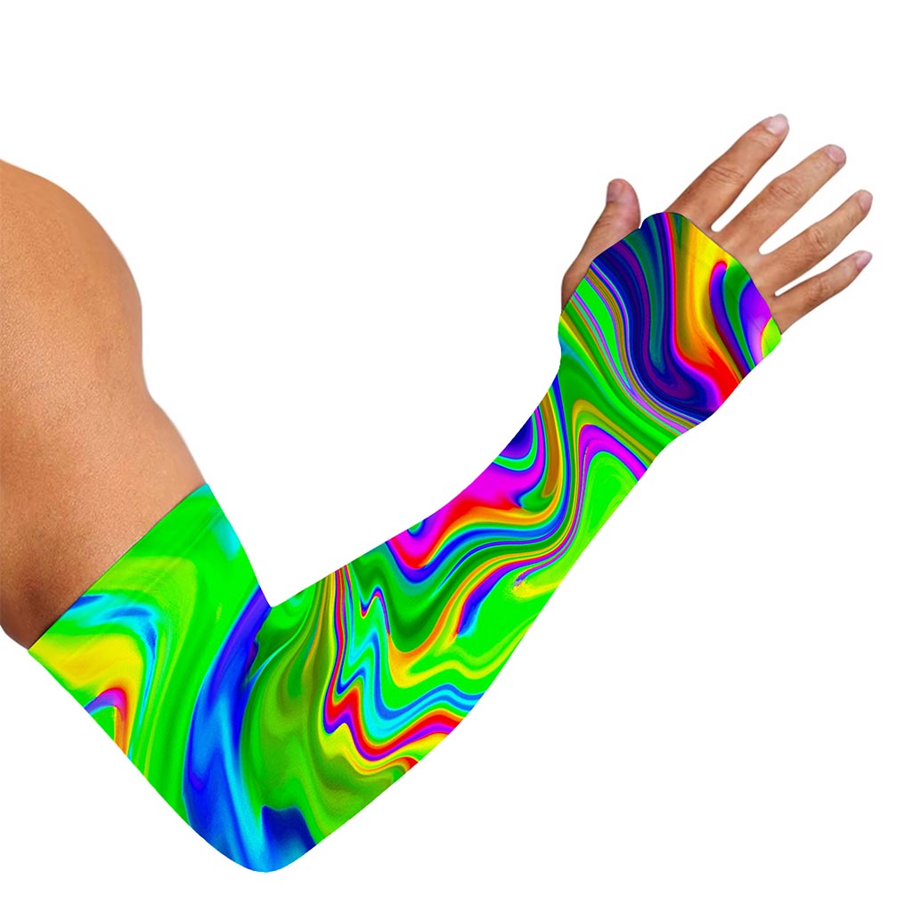 Green Abstract Liquid Trippy Print Sun Protection Arm Sleeves