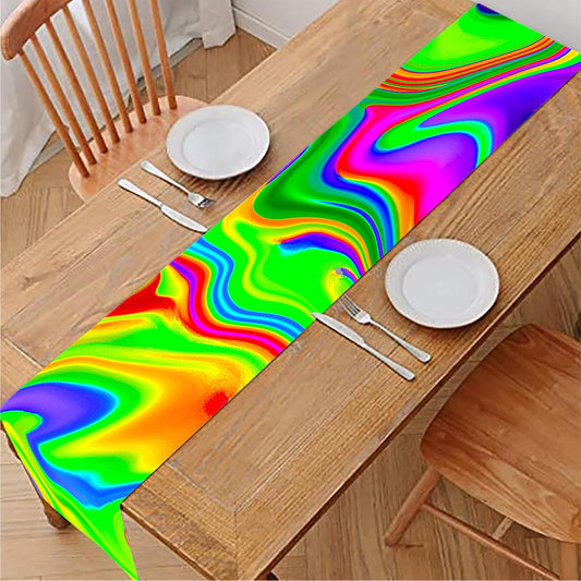 Green Abstract Liquid Trippy Print Table Runner