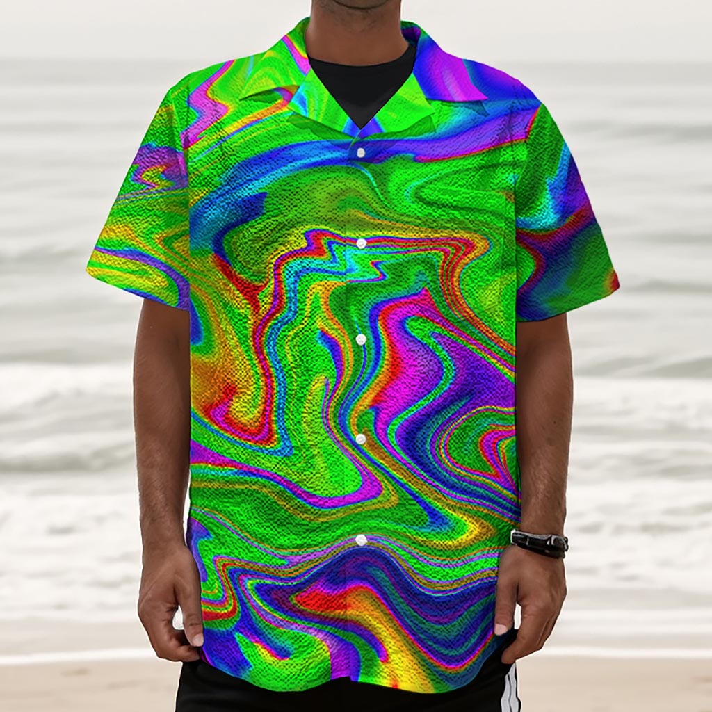 Green Abstract Liquid Trippy Print Textured Short Sleeve Shirt