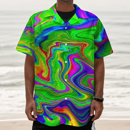 Green Abstract Liquid Trippy Print Textured Short Sleeve Shirt
