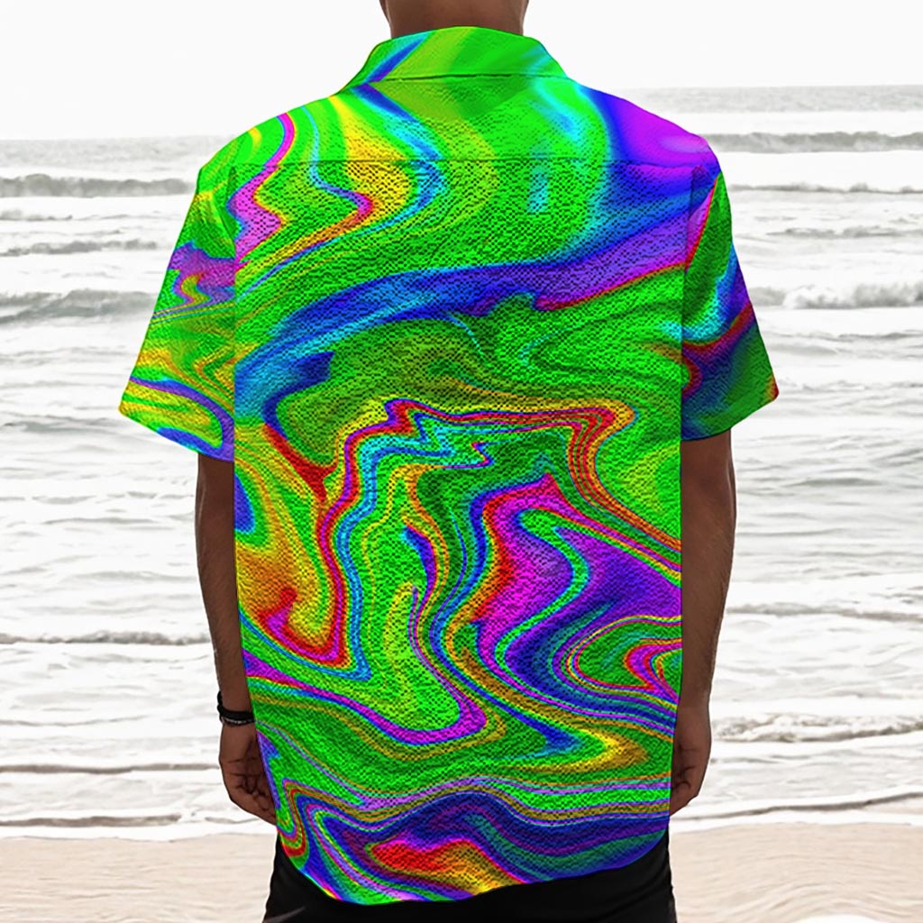 Green Abstract Liquid Trippy Print Textured Short Sleeve Shirt