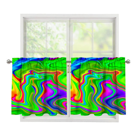 Green Abstract Liquid Trippy Print Tier Curtains