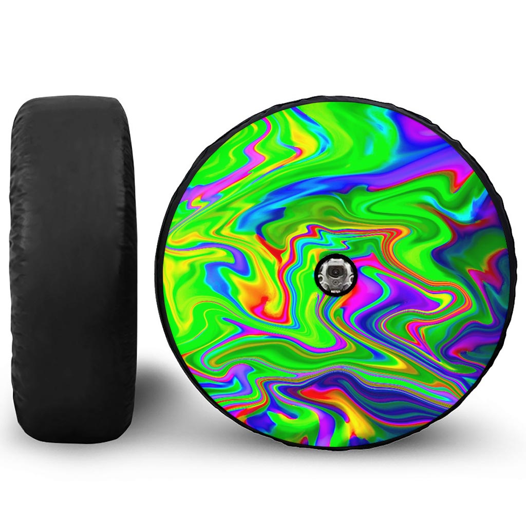 Green Abstract Liquid Trippy Print Tire Cover With Camera Hole