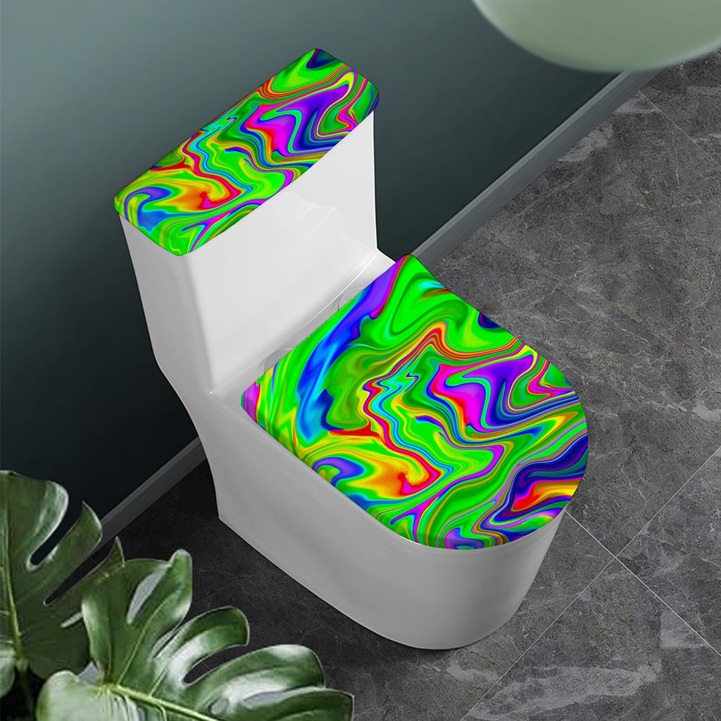 Green Abstract Liquid Trippy Print Toilet Lid And Tank Cover Set