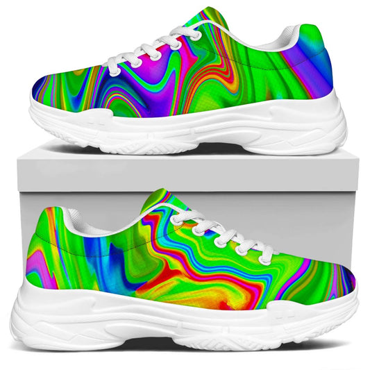Green Abstract Liquid Trippy Print White Chunky Shoes