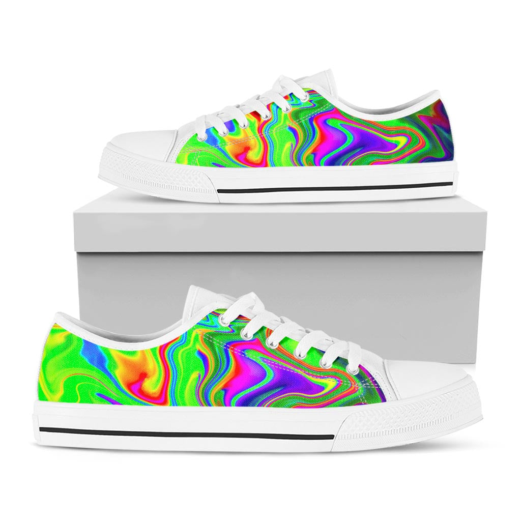 Green Abstract Liquid Trippy Print White Low Top Sneakers