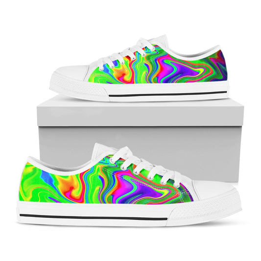 Green Abstract Liquid Trippy Print White Low Top Sneakers