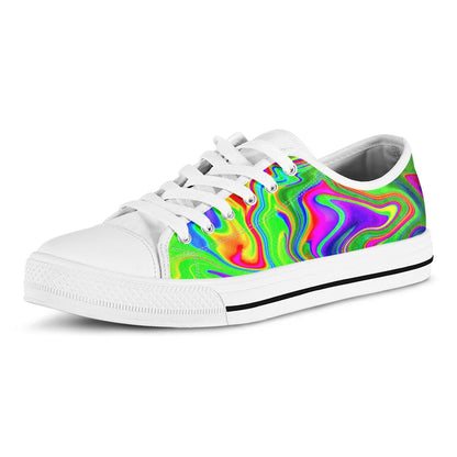 Green Abstract Liquid Trippy Print White Low Top Sneakers