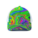 Green Abstract Liquid Trippy Print White Mesh Trucker Cap