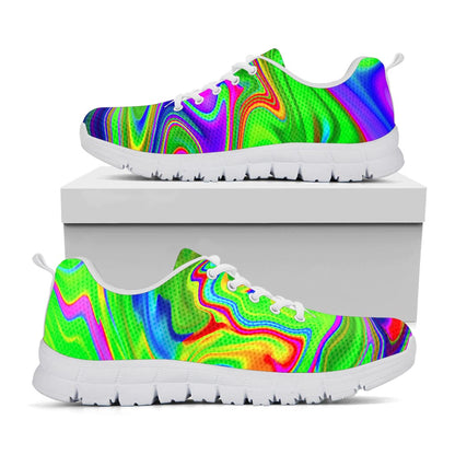 Green Abstract Liquid Trippy Print White Running Shoes