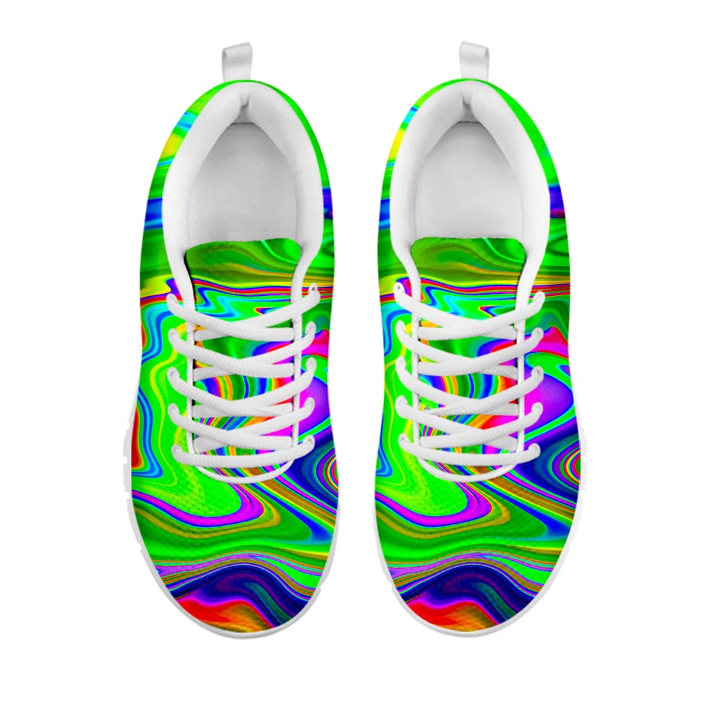 Green Abstract Liquid Trippy Print White Running Shoes