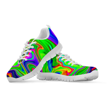Green Abstract Liquid Trippy Print White Running Shoes