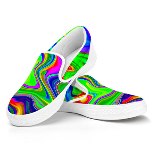Green Abstract Liquid Trippy Print White Slip On Sneakers