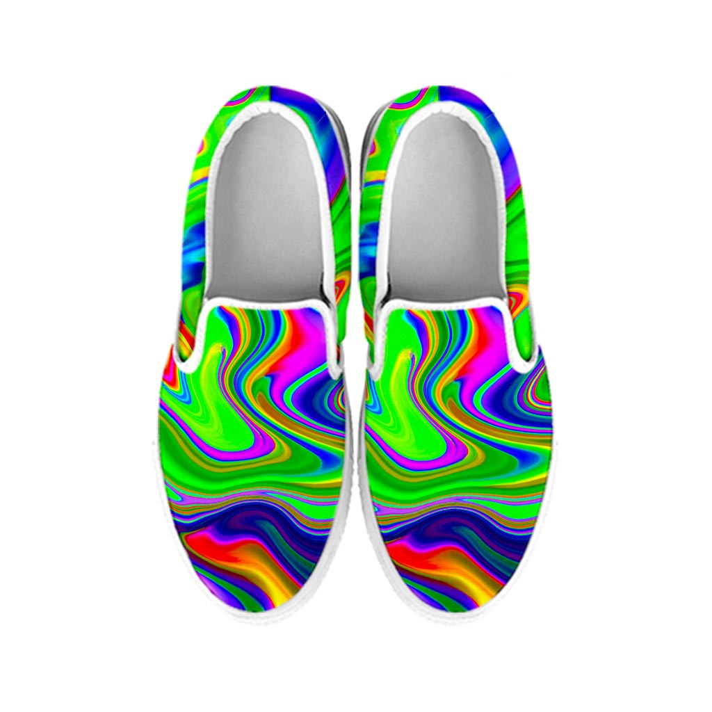 Green Abstract Liquid Trippy Print White Slip On Sneakers