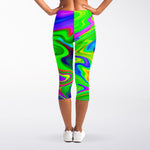 Green Abstract Liquid Trippy Print Women's Capri Leggings