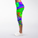 Green Abstract Liquid Trippy Print Women's Capri Leggings