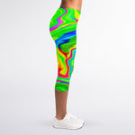 Green Abstract Liquid Trippy Print Women's Capri Leggings