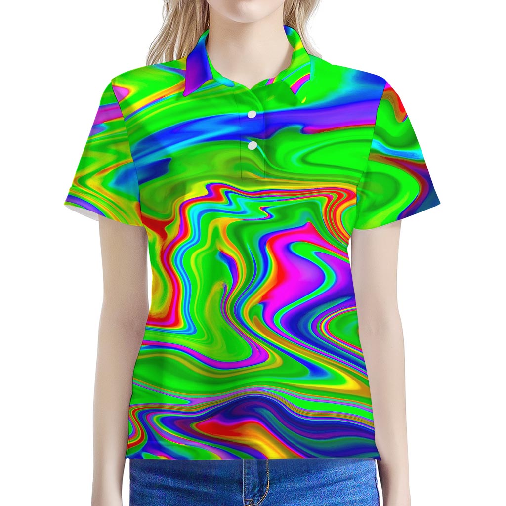 Green Abstract Liquid Trippy Print Women's Polo Shirt