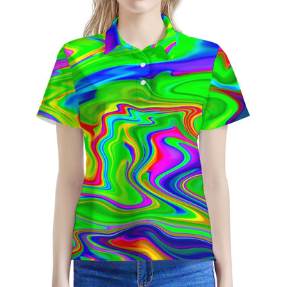 Green Abstract Liquid Trippy Print Women's Polo Shirt