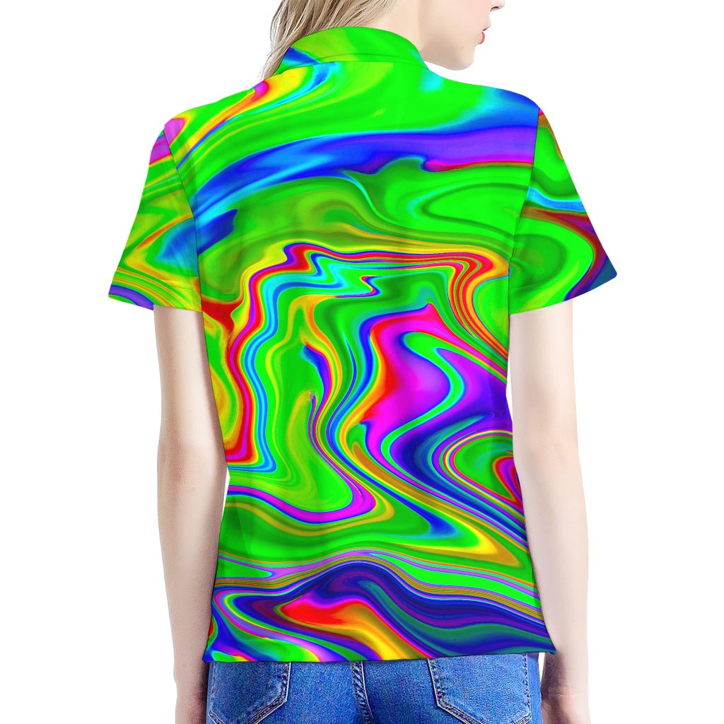 Green Abstract Liquid Trippy Print Women's Polo Shirt