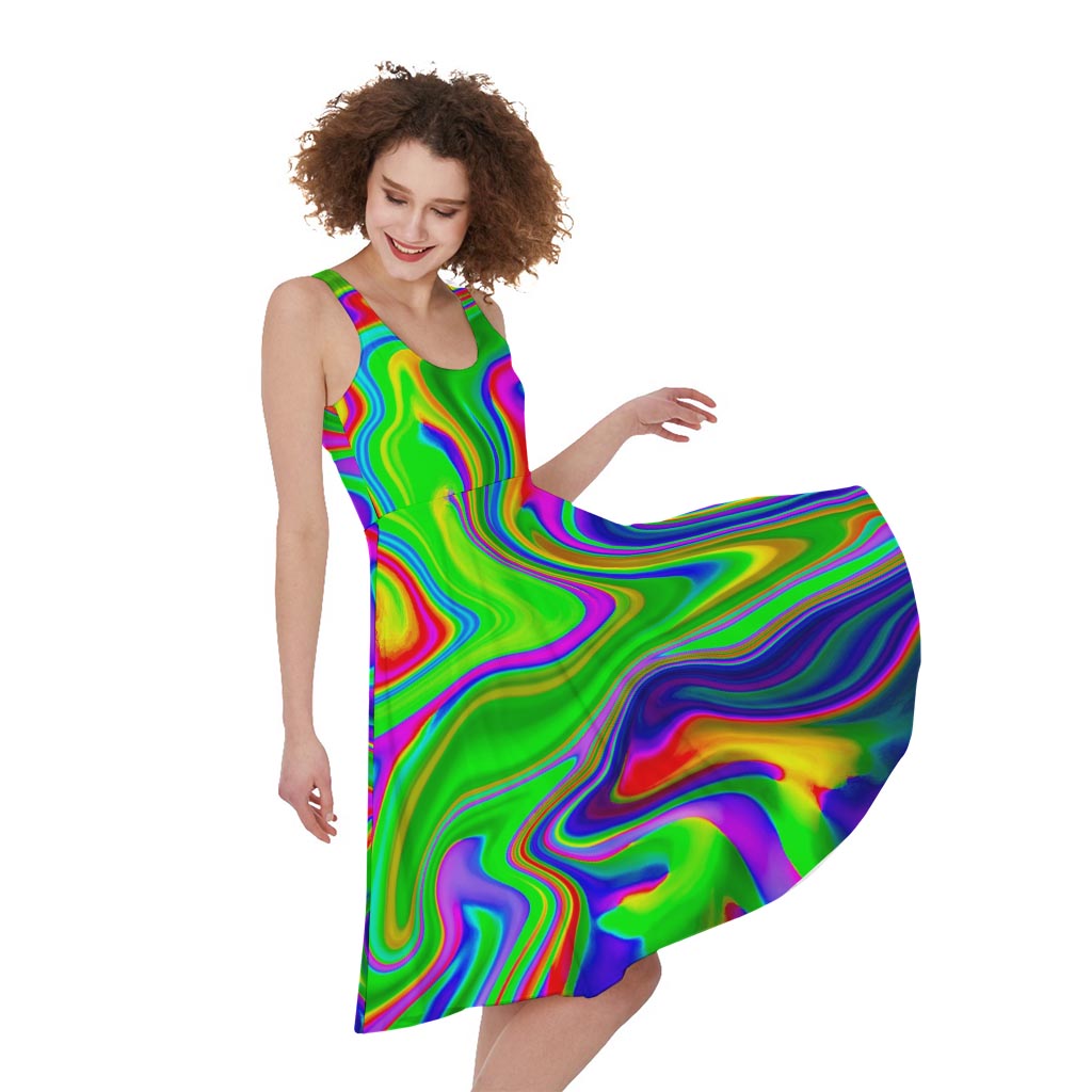 Green Abstract Liquid Trippy Print Women's Sleeveless Dress