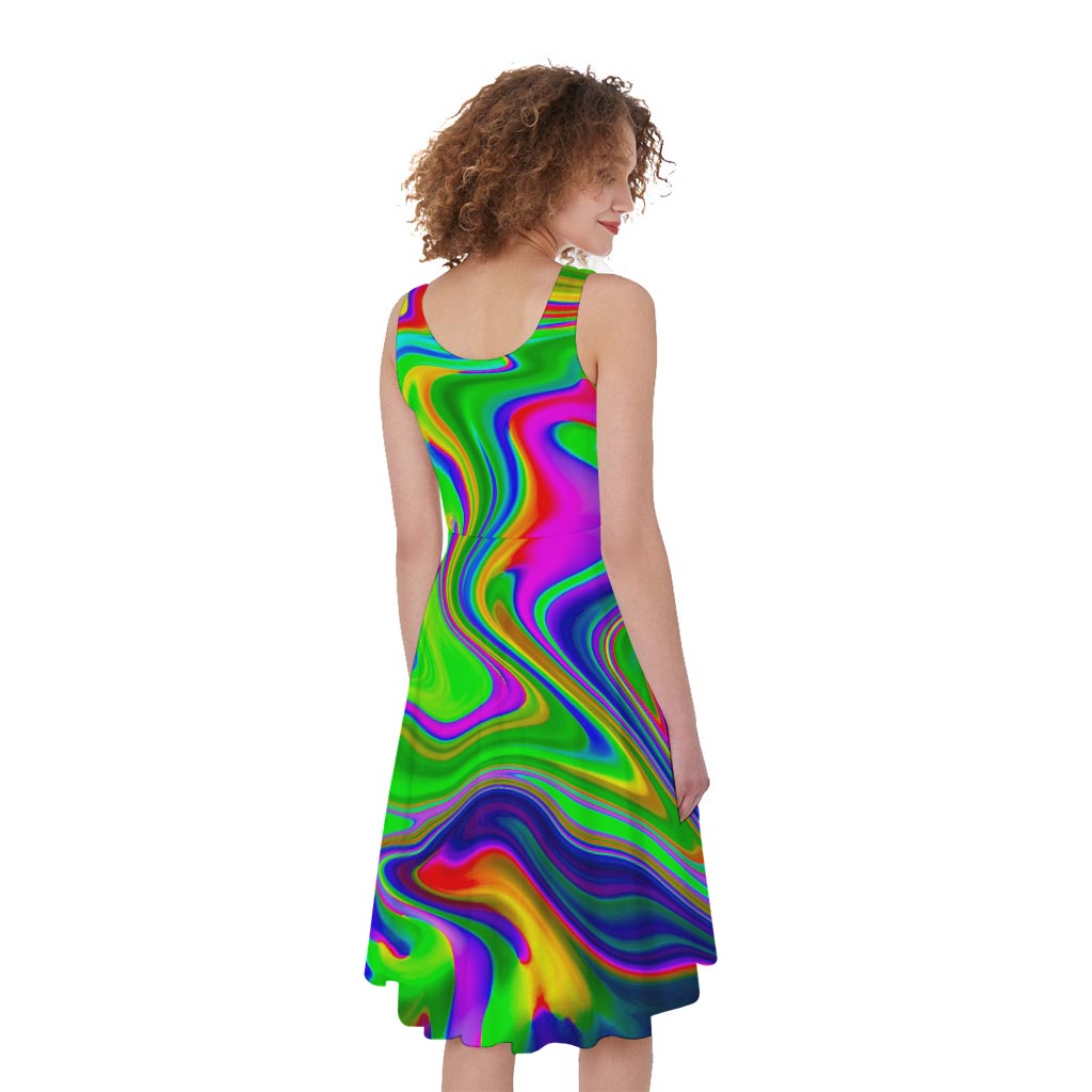 Green Abstract Liquid Trippy Print Women's Sleeveless Dress