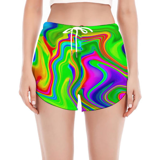 Green Abstract Liquid Trippy Print Women's Split Running Shorts