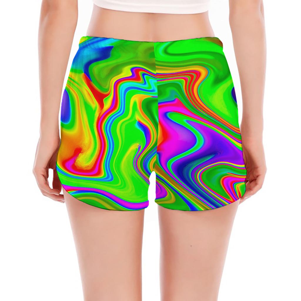 Green Abstract Liquid Trippy Print Women's Split Running Shorts