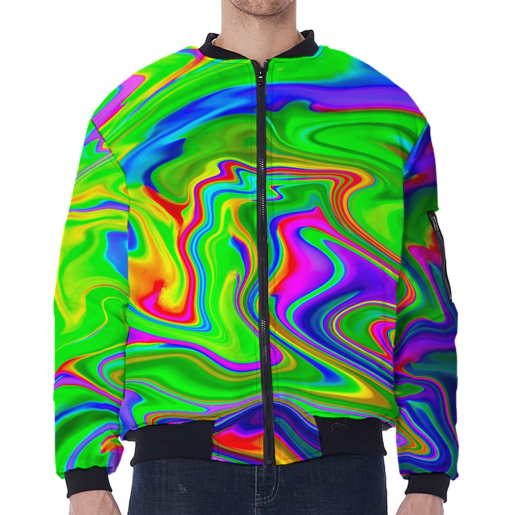 Green Abstract Liquid Trippy Print Zip Sleeve Bomber Jacket