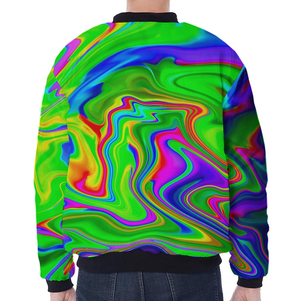 Green Abstract Liquid Trippy Print Zip Sleeve Bomber Jacket