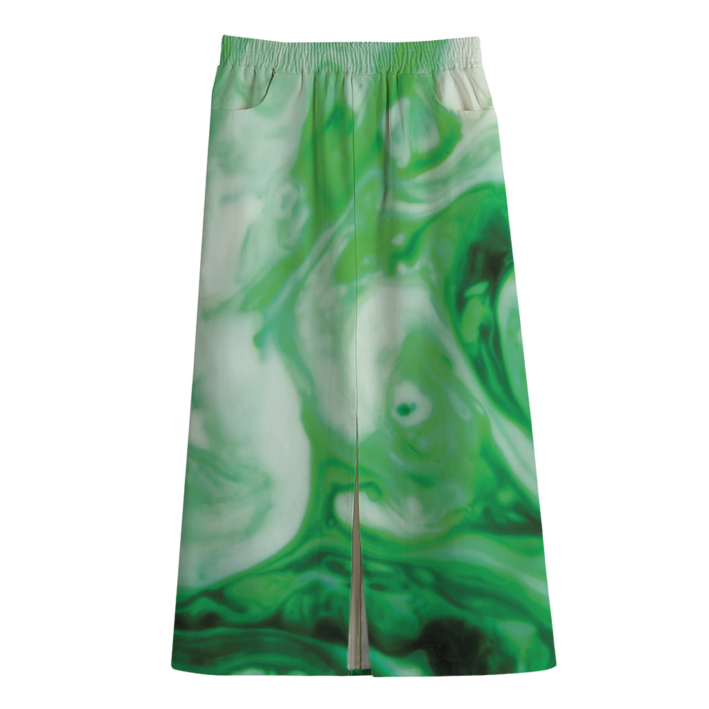 Green Acid Melt Print Cotton Front Slit Maxi Skirt