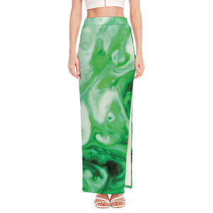 Green Acid Melt Print High Slit Maxi Skirt