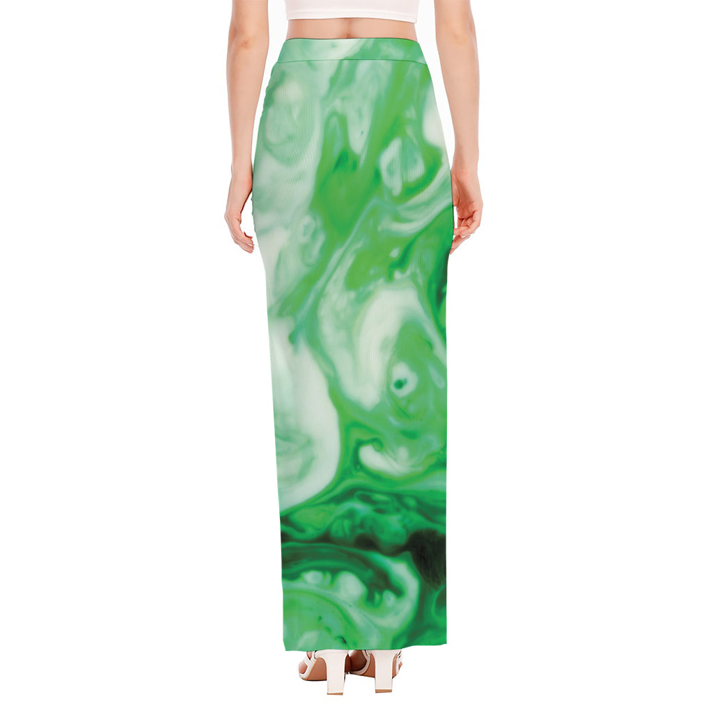 Green Acid Melt Print High Slit Maxi Skirt