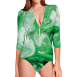 Green Acid Melt Print Long Sleeve Swimsuit